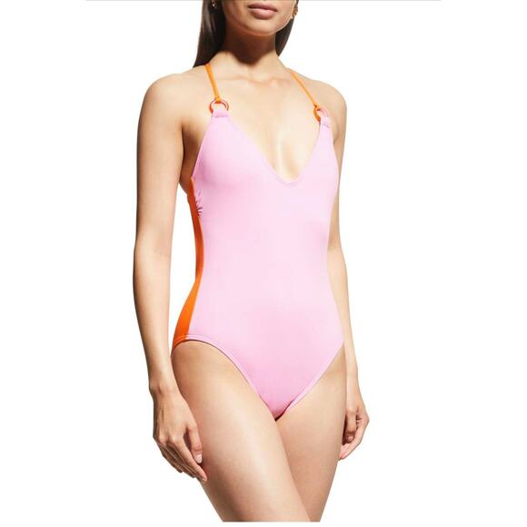 Kate Spade Color Block Gold One Piece Bathing Suit Pink Orange Medium NEW - Picture 1 of 7